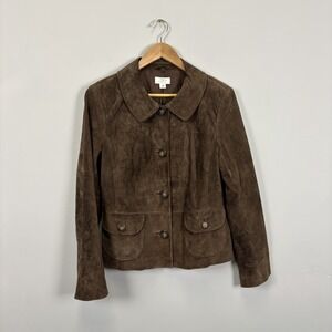 LOFT Brown Genuine Suede Leather Crop Blazer Jacket Women Size 12 Y2K Equestrian
